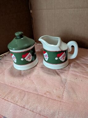 Holiday Santa Creamer and Sugar Set - Green and White Ceramic
